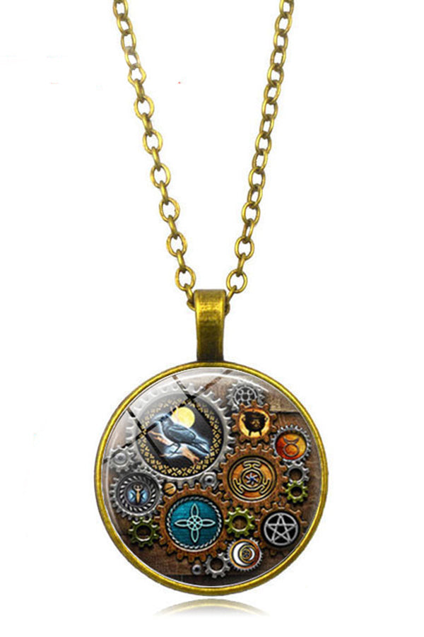Steampunk Mechanical Gear Pendant Necklace with Glass Gem