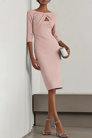 Women's Solid Midi Dress – Slim Fit Round Neck Office Wear