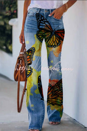 Faux Denim Print High Rise Flare Pants – Women's Casual