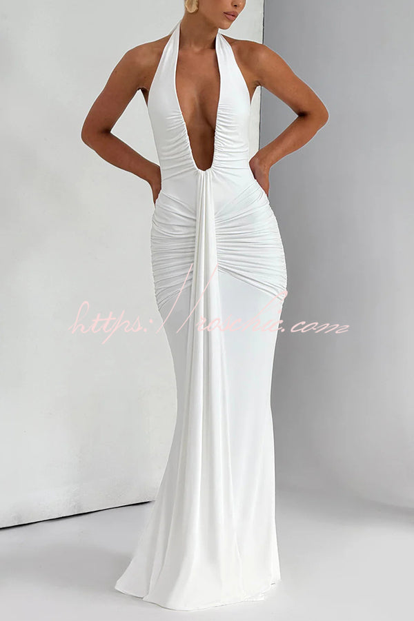 Halter V-Neck Open Back Maxi Dress – Solid Color Slim Fit