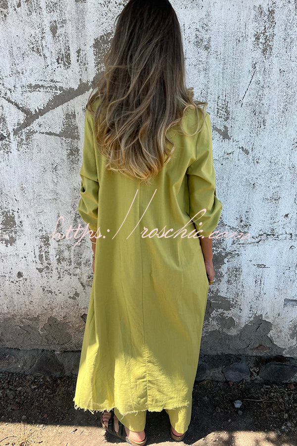 Linen Blend Midi Blouse and Wide-Leg Pants Set