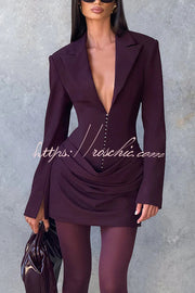 Mini-robe coupe ajustée à col en V – Style bureau à manches longues