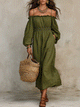 Olive Green Cotton-Linen Off-Shoulder Maxi Dress
