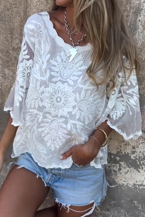 Embroidered Floral Batwing Sleeve Loose Casual Top
