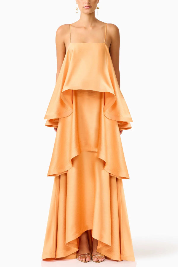 Robe longue en satin à plusieurs niveaux – Col carré sans manches Ligne A