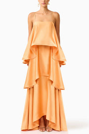 Satin Tiered Maxi Dress – Square Neck Sleeveless A-Line