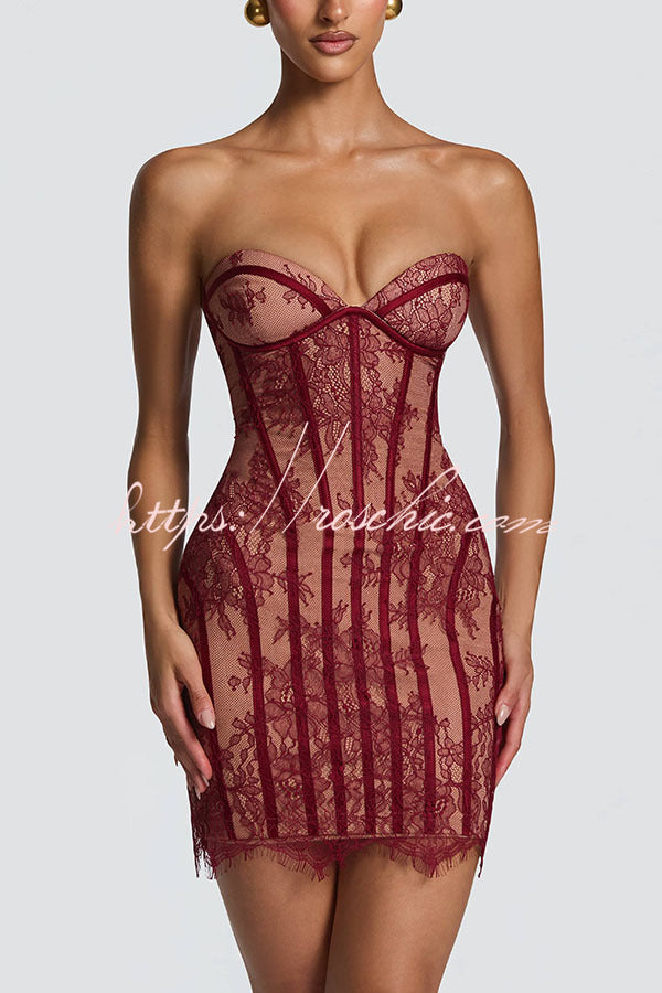 Floral Lace Strapless Mini Dress with Lace-Up Back