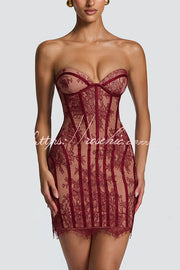 Floral Lace Strapless Mini Dress with Lace-Up Back