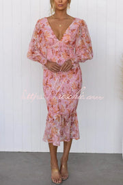 Floral Smocked Waist Long Sleeve Midi Dress