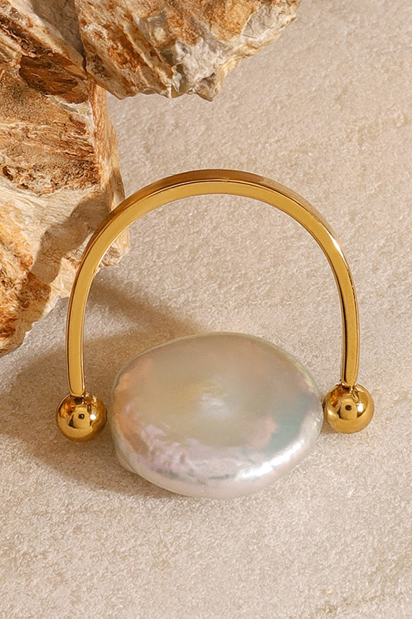 Pearl Stainless Steel Button Ring | U-Shape Electroplated
