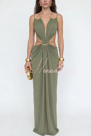 Metal-Link Cutout Back Lace-Up Drape Maxi Dress
