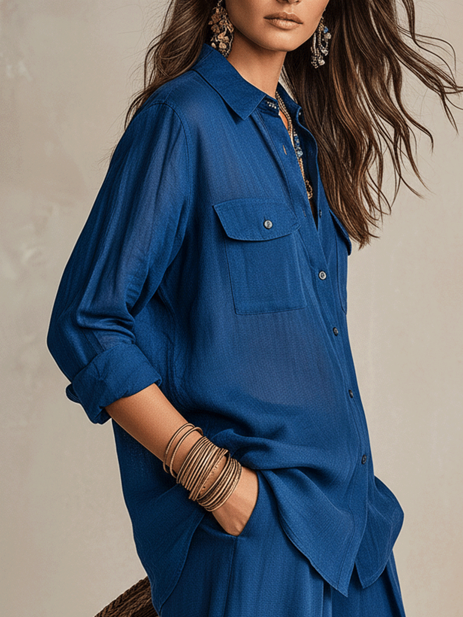 Indigo Linen Button-Down Shirt – Relaxed Long Sleeve Blouse