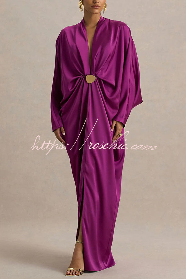 Satin Plunge V-Neck Maxi Dress with Gold Trim & Batwing Sleeves