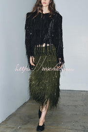 Sequin Tassel Midi Skirt – High-Rise Back Zipper Party Skirt