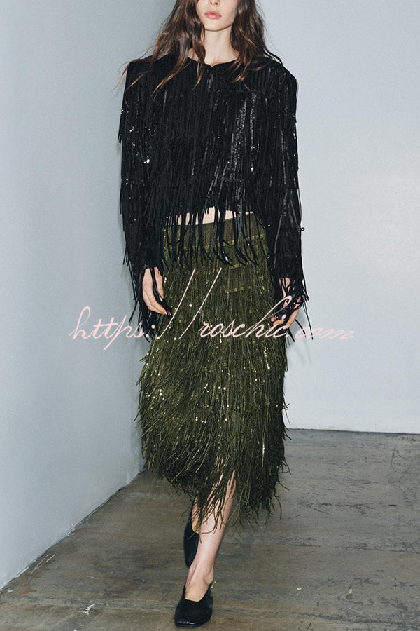 Sequin Tassel Midi Skirt – High-Rise Back Zipper Party Skirt