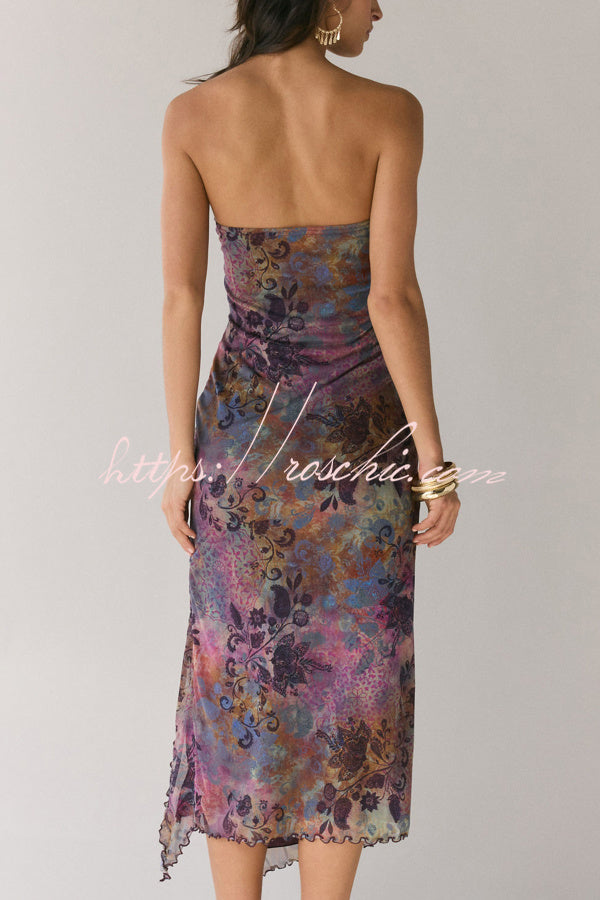 Mesh Tie-Dye Strapless Maxi Dress with Side Slit