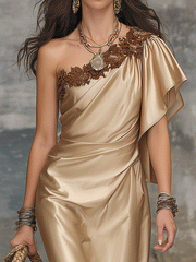 Champagne Gold One-Shoulder Satin Midi Dress