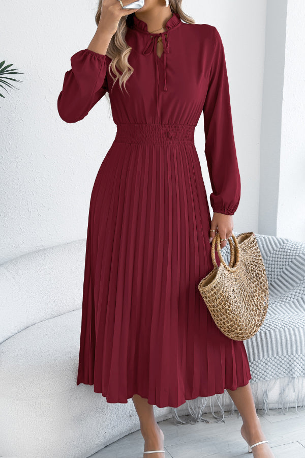 Women's Long Sleeve Pleated Midi Dress – Fitted Waist