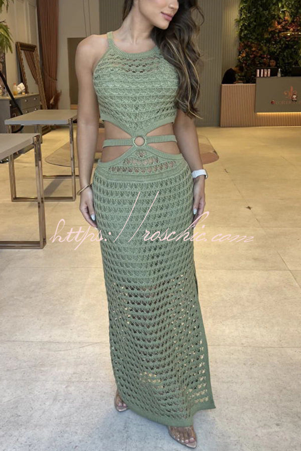 Knit Texture Side Cutout Sleeveless Stretch Maxi Dress