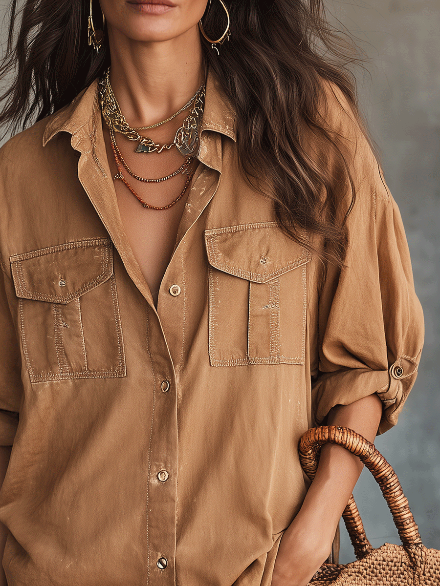 Bohemian Utility Pocket Long Sleeve Blouse in Camel Brown