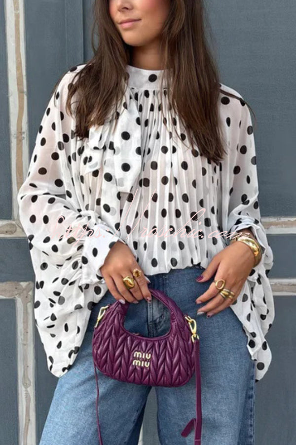 Polka Dot Lantern Sleeve Tie-Waist Loose Shirt