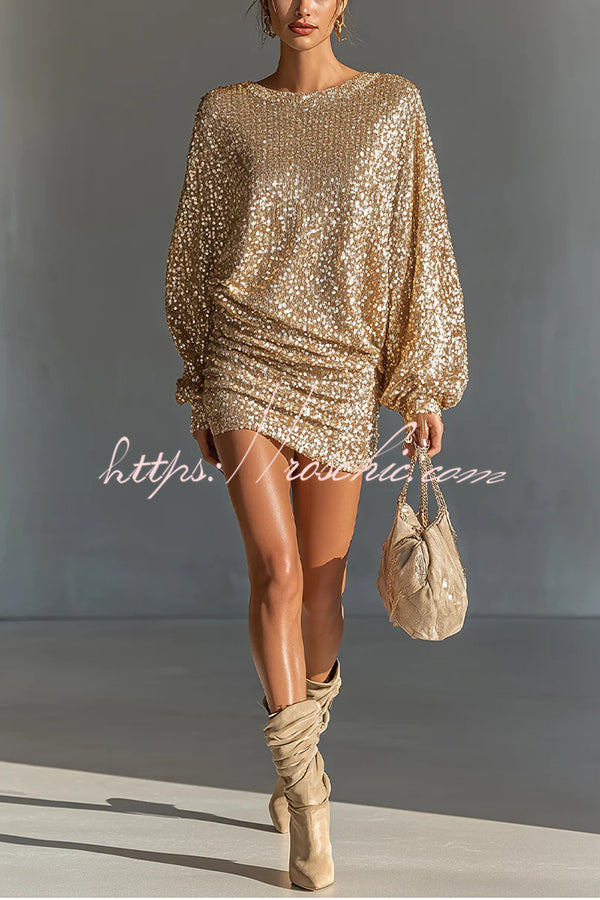 Sequin Long Lantern Sleeve Ruched Mini Dress