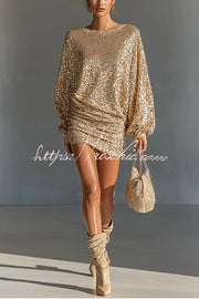 Sequin Long Lantern Sleeve Ruched Mini Dress