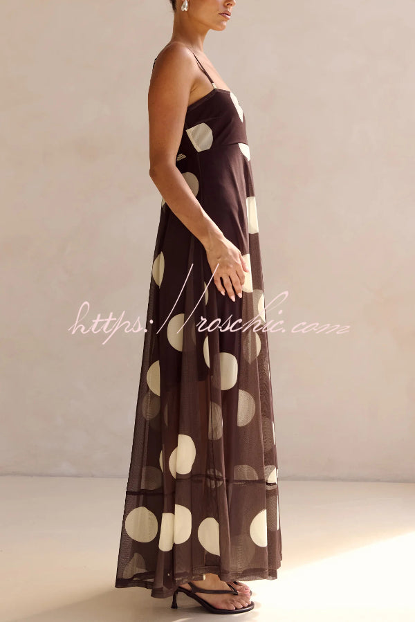 Polka Dot Mesh Maxi Dress | Spaghetti Strap Square Neck