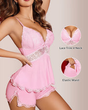 Lace-Trim Cami & Shorts Pajama Set – Silky Sleepwear