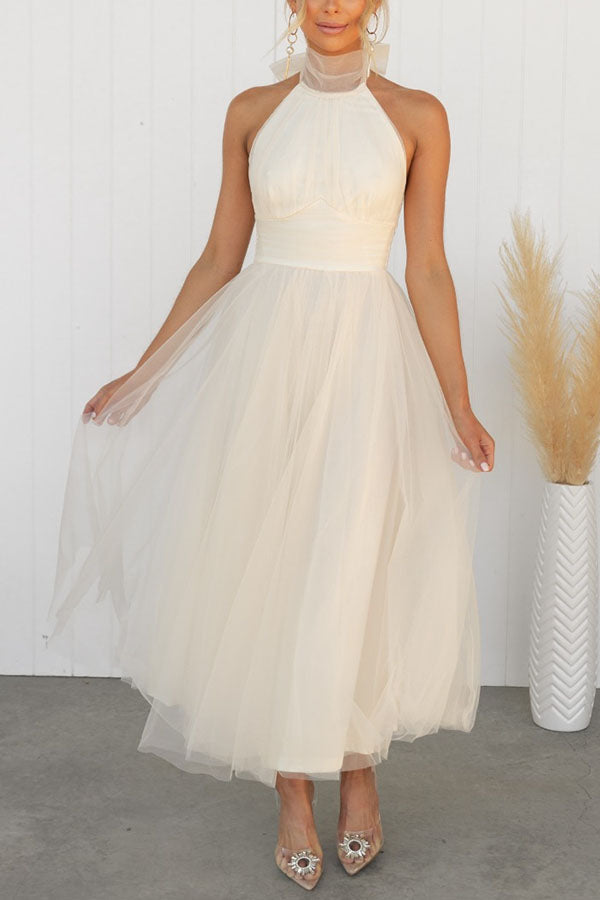 Tulle Halter Maxi Dress with Gathered Detail