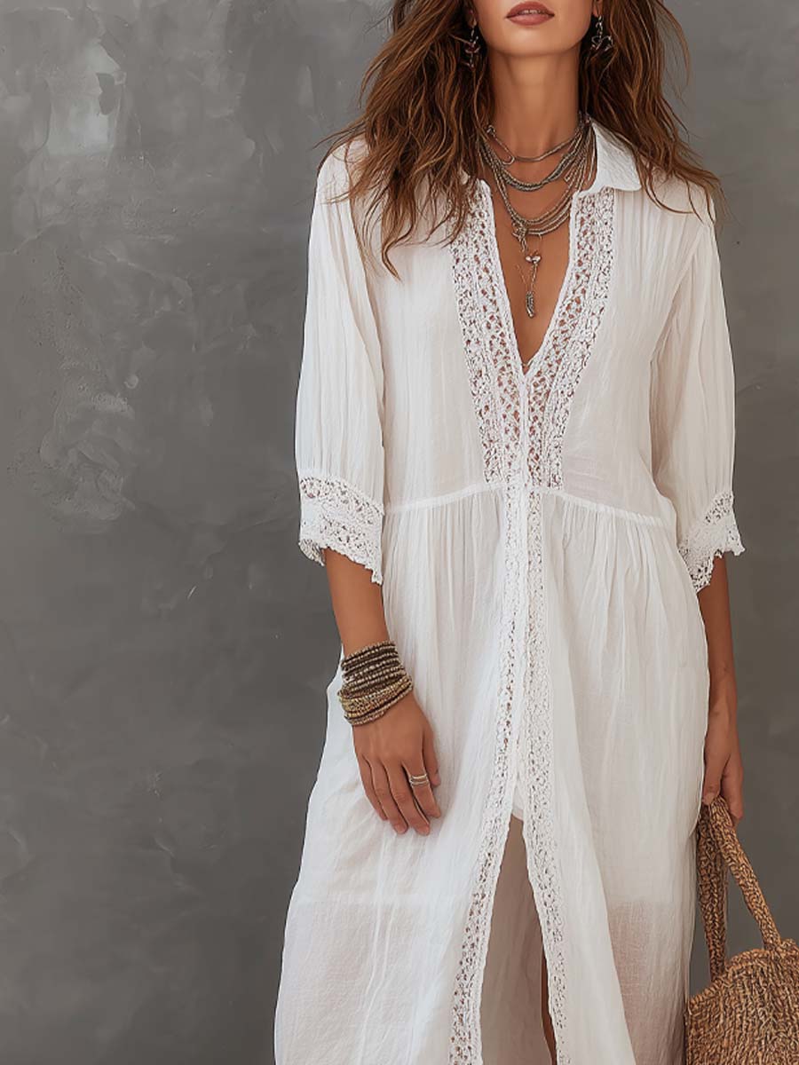 Lace-Trim Cotton Linen Shirt Midi Dress | Short Sleeve
