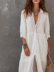 Lace-Trim Cotton Linen Shirt Midi Dress | Short Sleeve