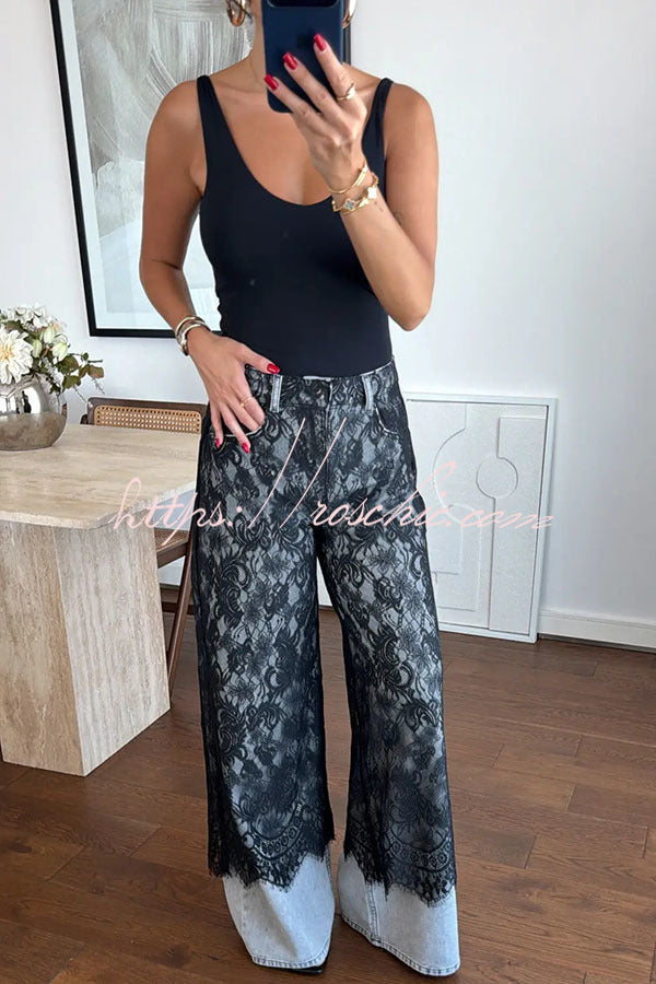 Wide Leg Jeans with Lace Patchwork Detail, High Rise
