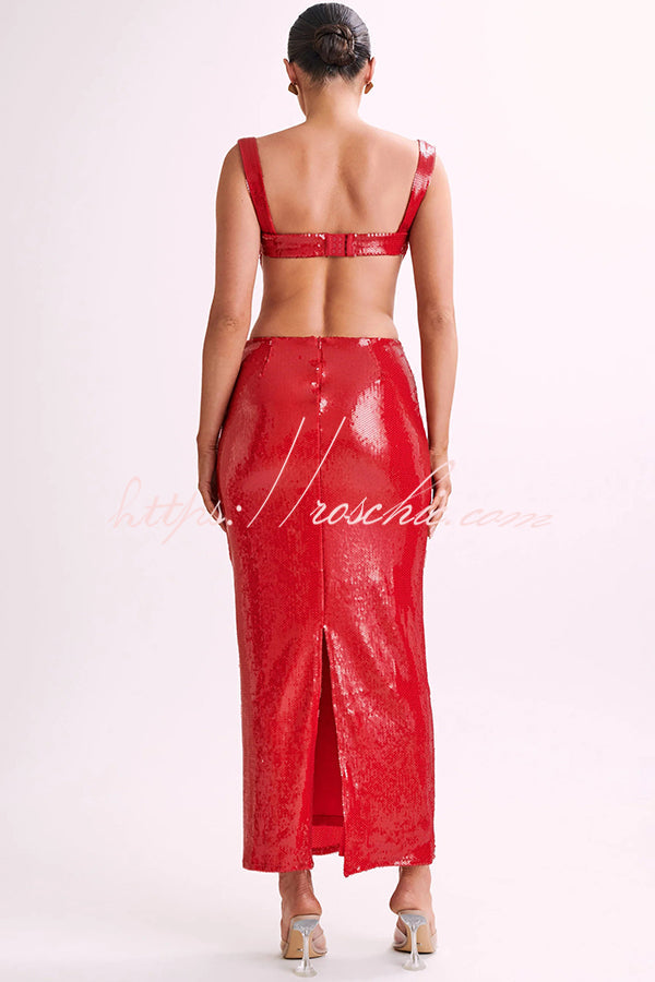 Sequin Backless Maxi Dress – Wide Strap Cutout Waist