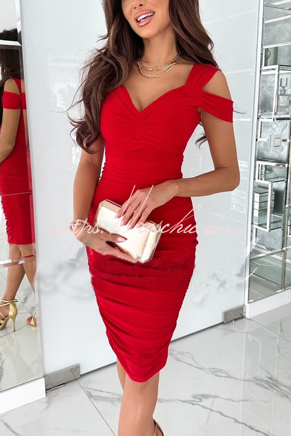 Cold Shoulder Ruched Pencil Midi Dress for Parties