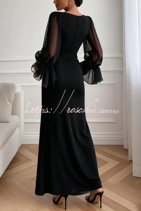 V-Neck Long Sleeve Maxi Dress with High Slit