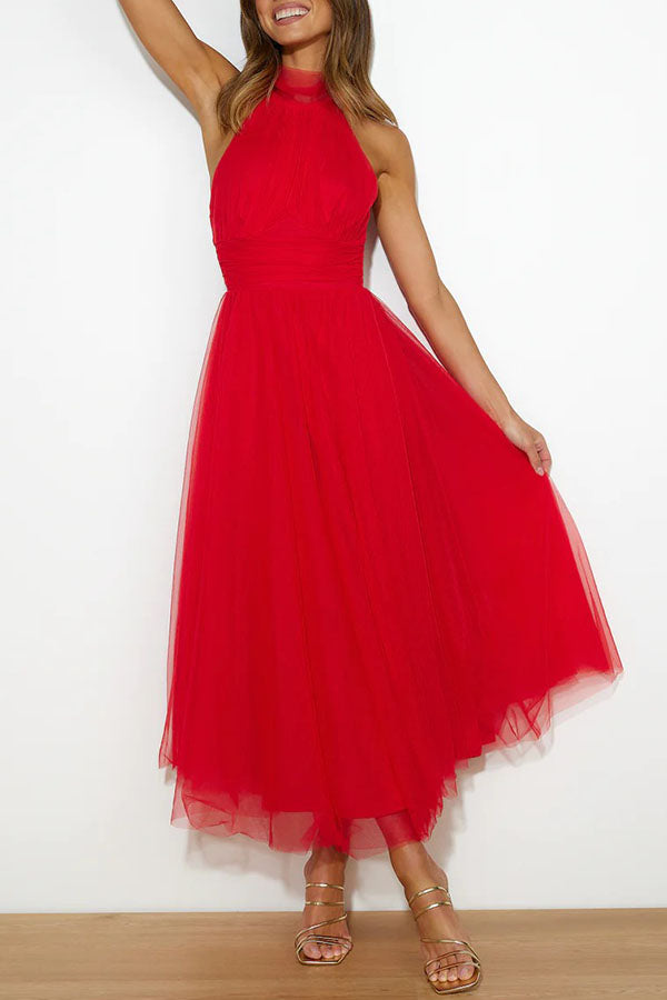 Tulle Halter Maxi Dress with Gathered Detail