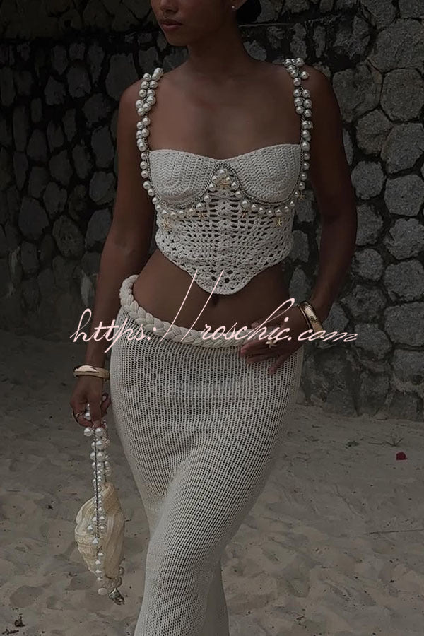 Crochet Knit Pearl Trim Sweetheart Crop Tank Top