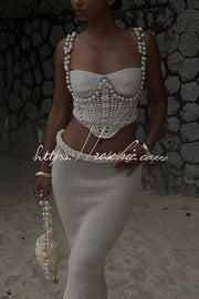 Crochet Knit Pearl Trim Sweetheart Crop Tank Top