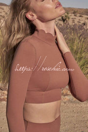 Open Back Long Sleeve Yoga Crop Top with Petal Trim