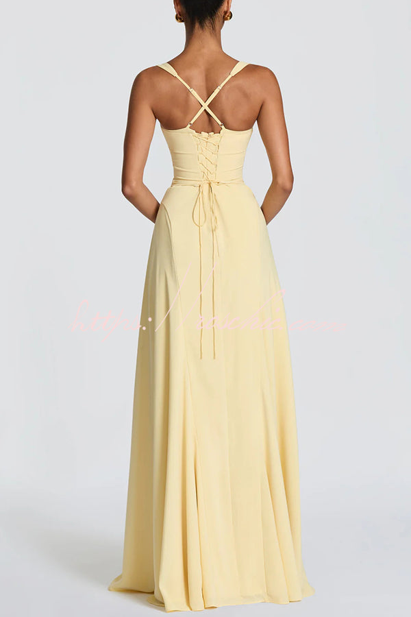 Chiffon Sweetheart Maxi Dress with Lace-Up Back & Bustier