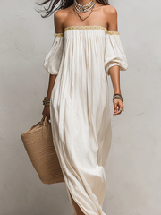 Ivory Off-the-Shoulder Pleated Maxi Dress – Boho Style