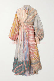 Rainbow Patchwork Striped Linen Blend Midi Dress