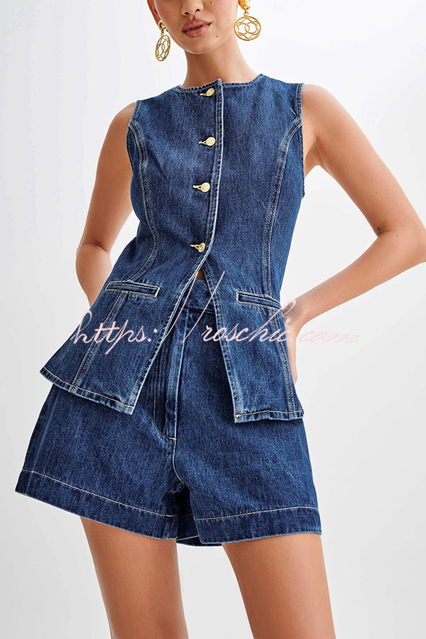 Denim Sleeveless Button-Up Vest Top with Princess Seams