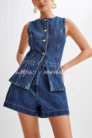 Denim Sleeveless Button-Up Vest Top with Princess Seams