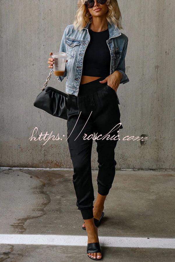 Satin High Waist Joggers with Pockets – Ankle Length
