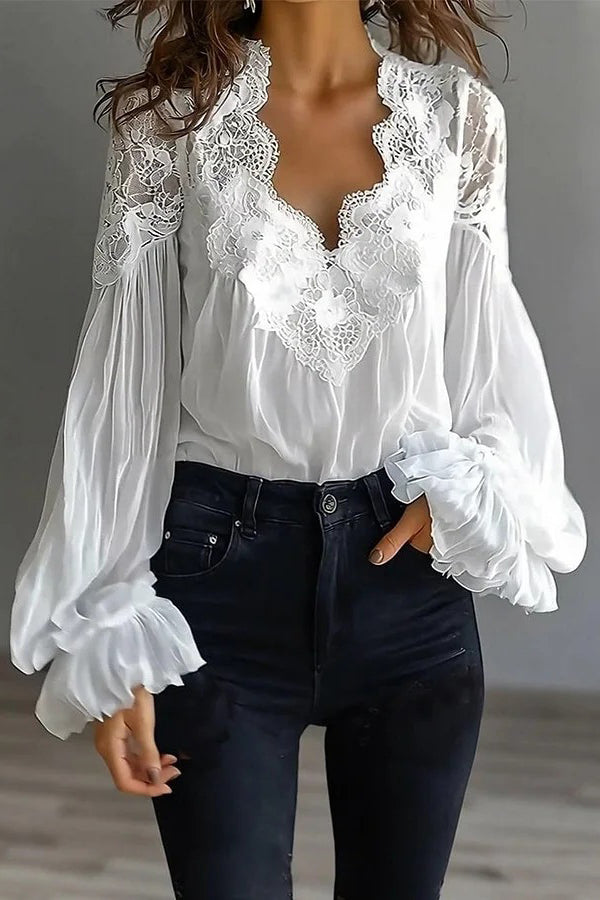 Patchwork Lace V-Neck Puff Sleeve Loose Shirt