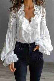 Patchwork Lace V-Neck Puff Sleeve Loose Shirt