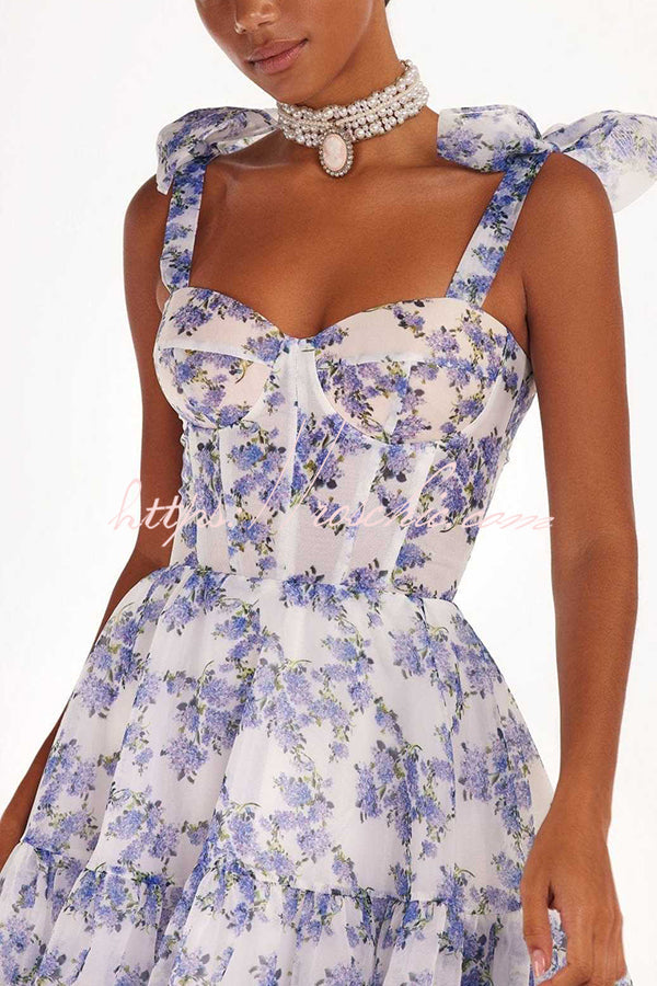 Organza Floral Print Sweetheart Maxi Dress – Sleeveless