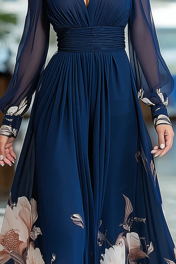 Floral Print Mesh Maxi Dress | V-Neck Long Sleeve